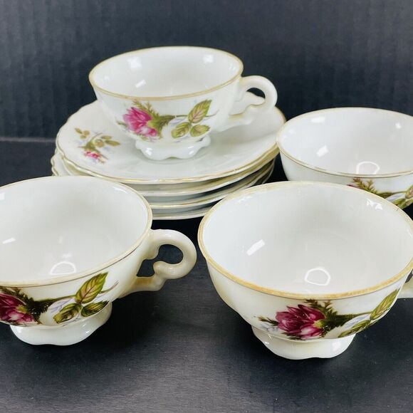 4 GRJ1 Green China Porcelain Footed Demitasse Cup Saucer Set Coffee Rose VTG